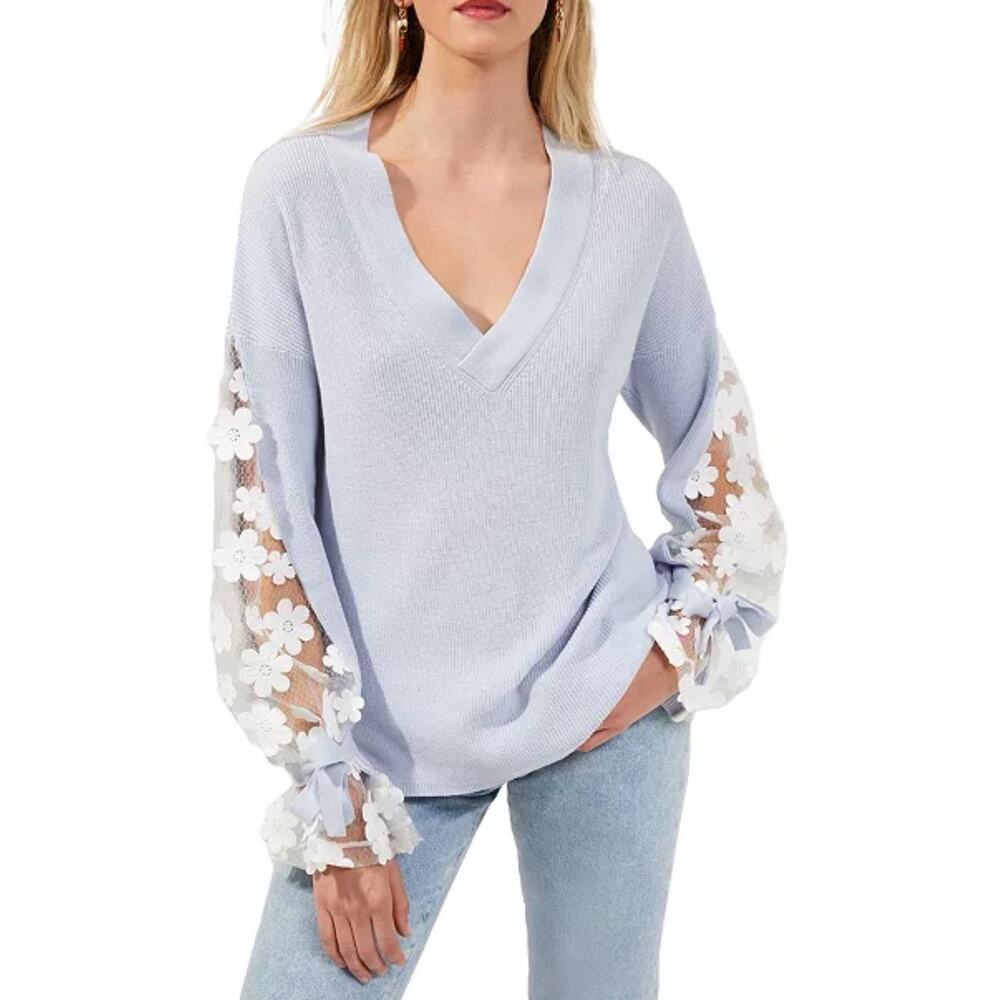 French Connection Caballo Sweater Women XS Blue Lace Arm Panel Boho Coquette